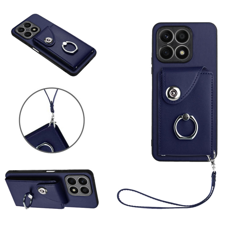 For Honor X8a Organ Card Bag Ring Holder PU Phone Case with Lanyard(Blue)