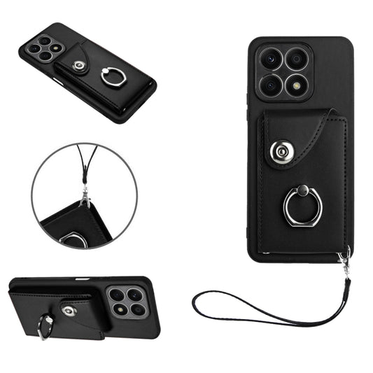 For Honor X8a Organ Card Bag Ring Holder PU Phone Case with Lanyard(Black)