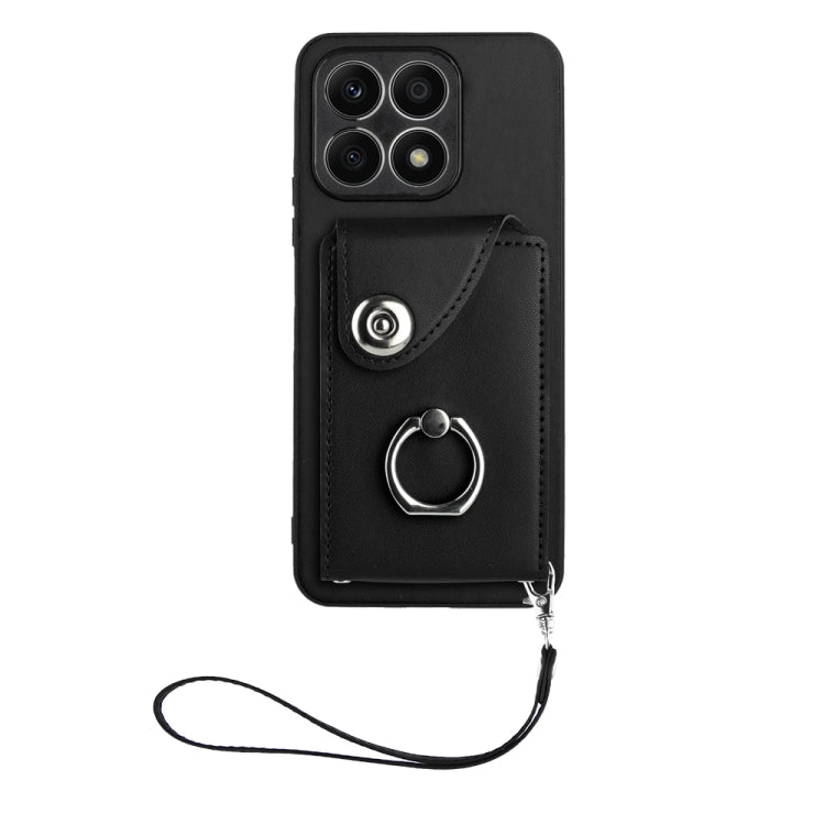 For Honor X8a Organ Card Bag Ring Holder PU Phone Case with Lanyard(Black)