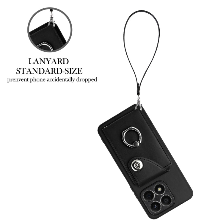 For Honor X8a Organ Card Bag Ring Holder PU Phone Case with Lanyard(Black)