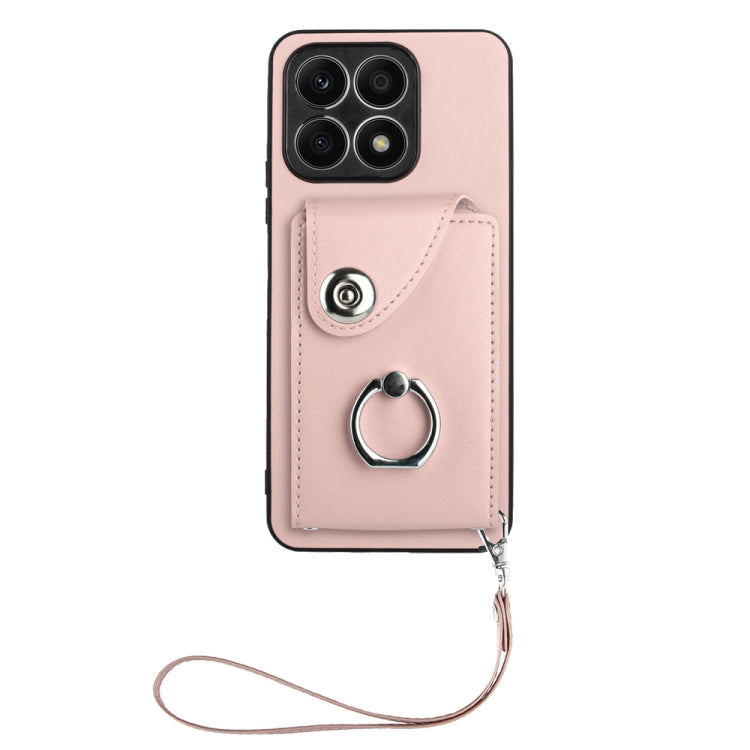 For Honor X8a Organ Card Bag Ring Holder PU Phone Case with Lanyard(Pink)