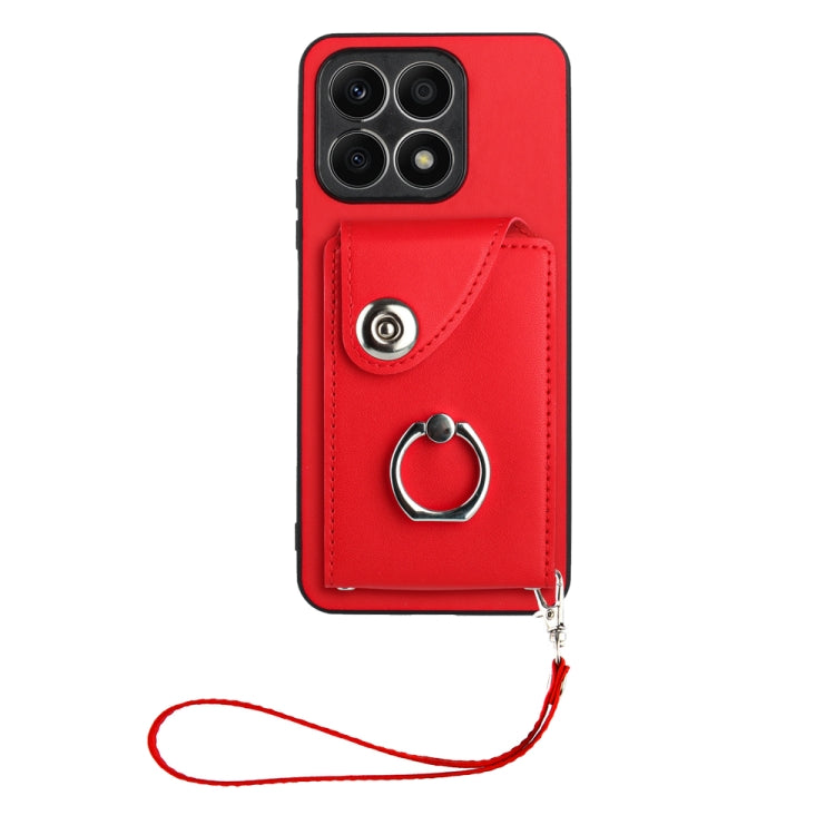 For Honor X8a Organ Card Bag Ring Holder PU Phone Case with Lanyard(Red)