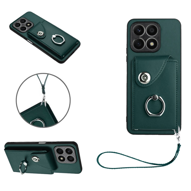 For Honor X8a Organ Card Bag Ring Holder PU Phone Case with Lanyard(Green)