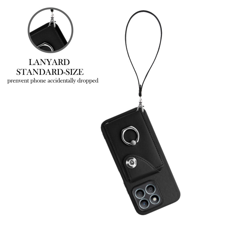 For Honor X8b 4G Global Organ Card Bag Ring Holder PU Phone Case with Lanyard(Black)