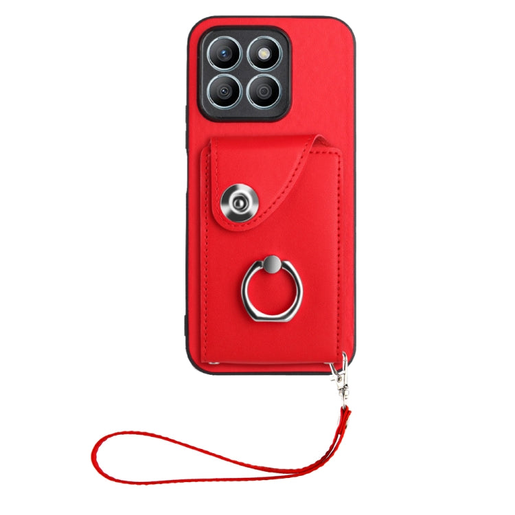 For Honor X8b 4G Global Organ Card Bag Ring Holder PU Phone Case with Lanyard(Red)