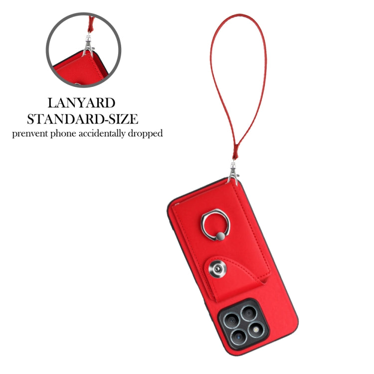 For Honor X8b 4G Global Organ Card Bag Ring Holder PU Phone Case with Lanyard(Red)