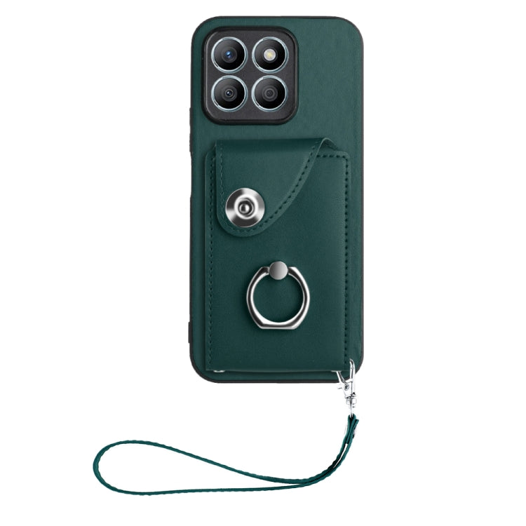 For Honor X8b 4G Global Organ Card Bag Ring Holder PU Phone Case with Lanyard(Green)
