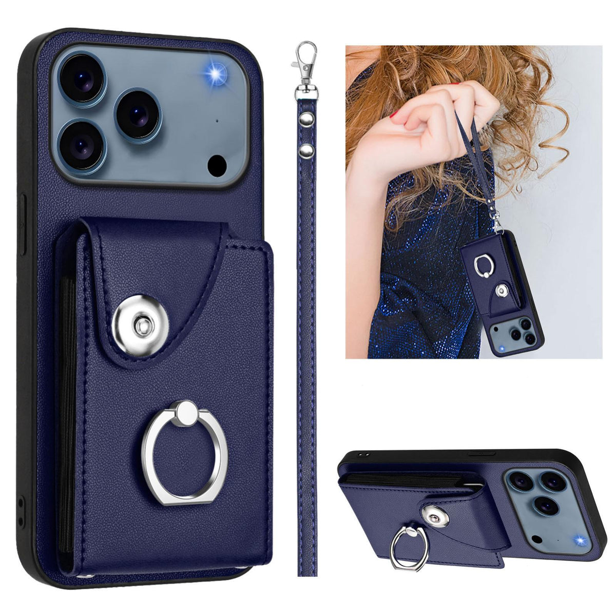 Compatible with iPhone 18 Pro Max & 17 Pro Max Organ Card Bag Ring Holder PU Phone Case with Lanyard - Blue