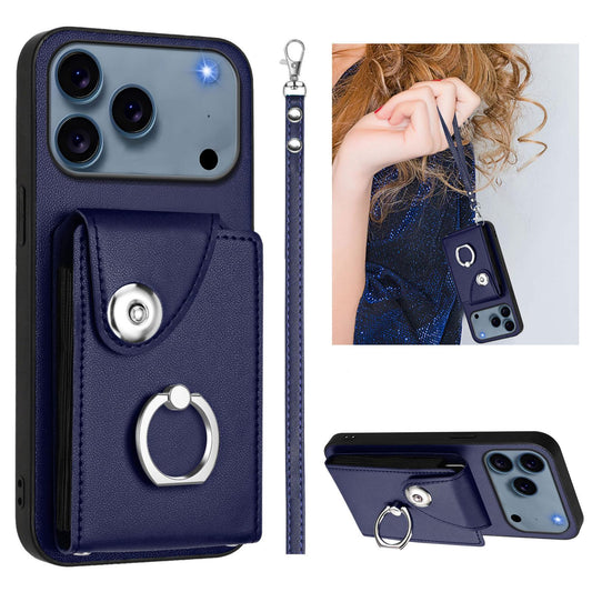 Compatible with iPhone 18 Pro Max & 17 Pro Max Organ Card Bag Ring Holder PU Phone Case with Lanyard - Blue