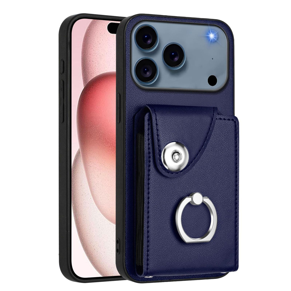 Compatible with iPhone 18 Pro Max & 17 Pro Max Organ Card Bag Ring Holder PU Phone Case with Lanyard - Blue