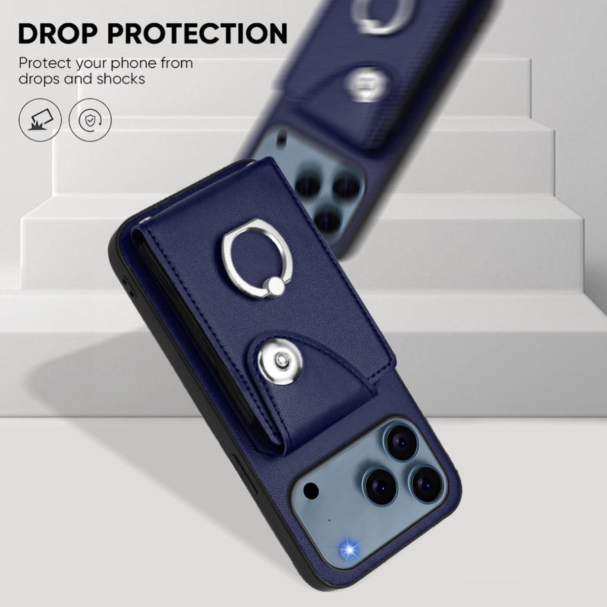 Compatible with iPhone 18 Pro Max & 17 Pro Max Organ Card Bag Ring Holder PU Phone Case with Lanyard - Blue