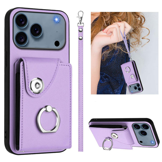 Compatible with iPhone 18 Pro Max & 17 Pro Max Organ Card Bag Ring Holder PU Phone Case with Lanyard - Purple