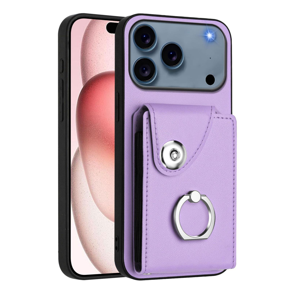 Compatible with iPhone 18 Pro Max & 17 Pro Max Organ Card Bag Ring Holder PU Phone Case with Lanyard - Purple
