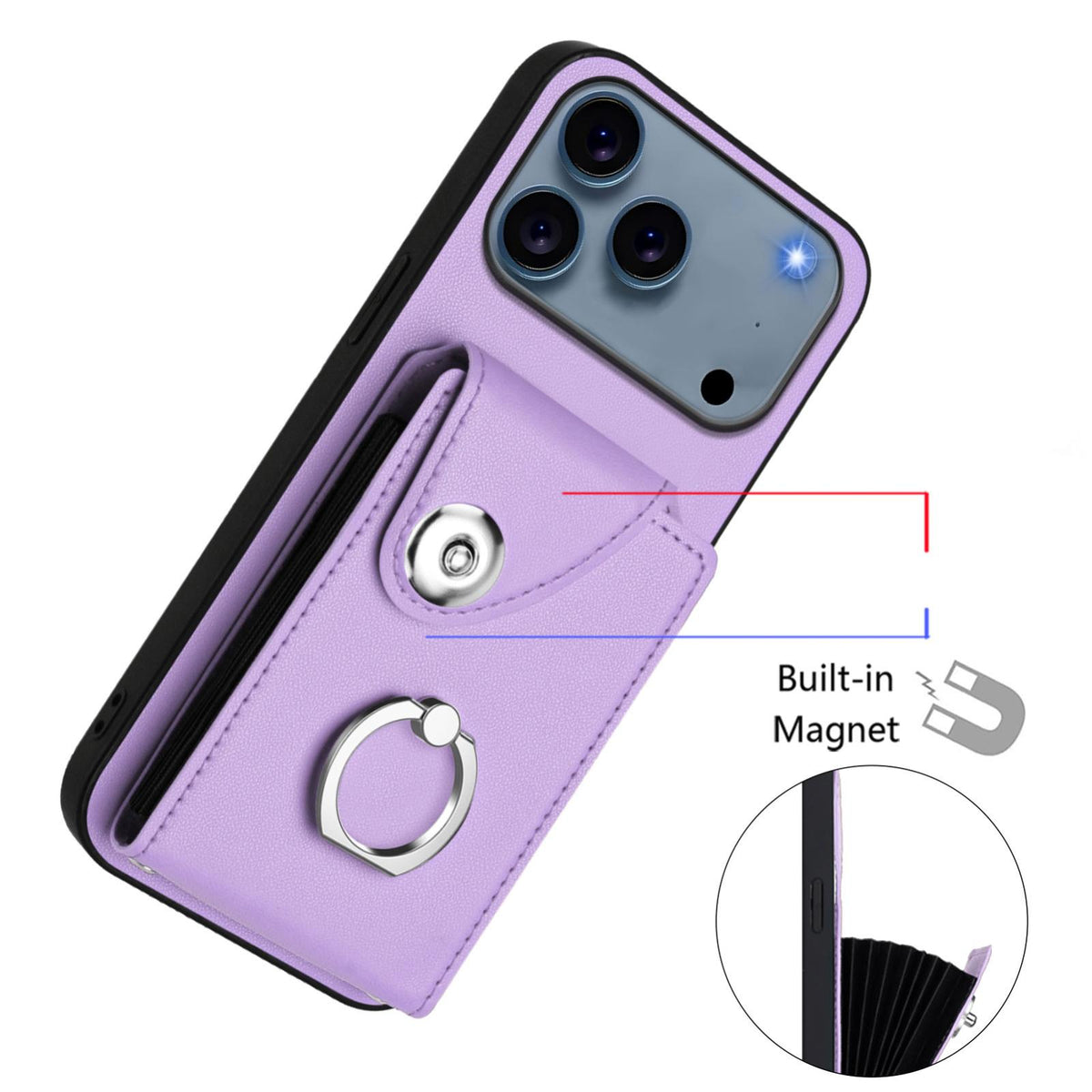 Compatible with iPhone 18 Pro Max & 17 Pro Max Organ Card Bag Ring Holder PU Phone Case with Lanyard - Purple