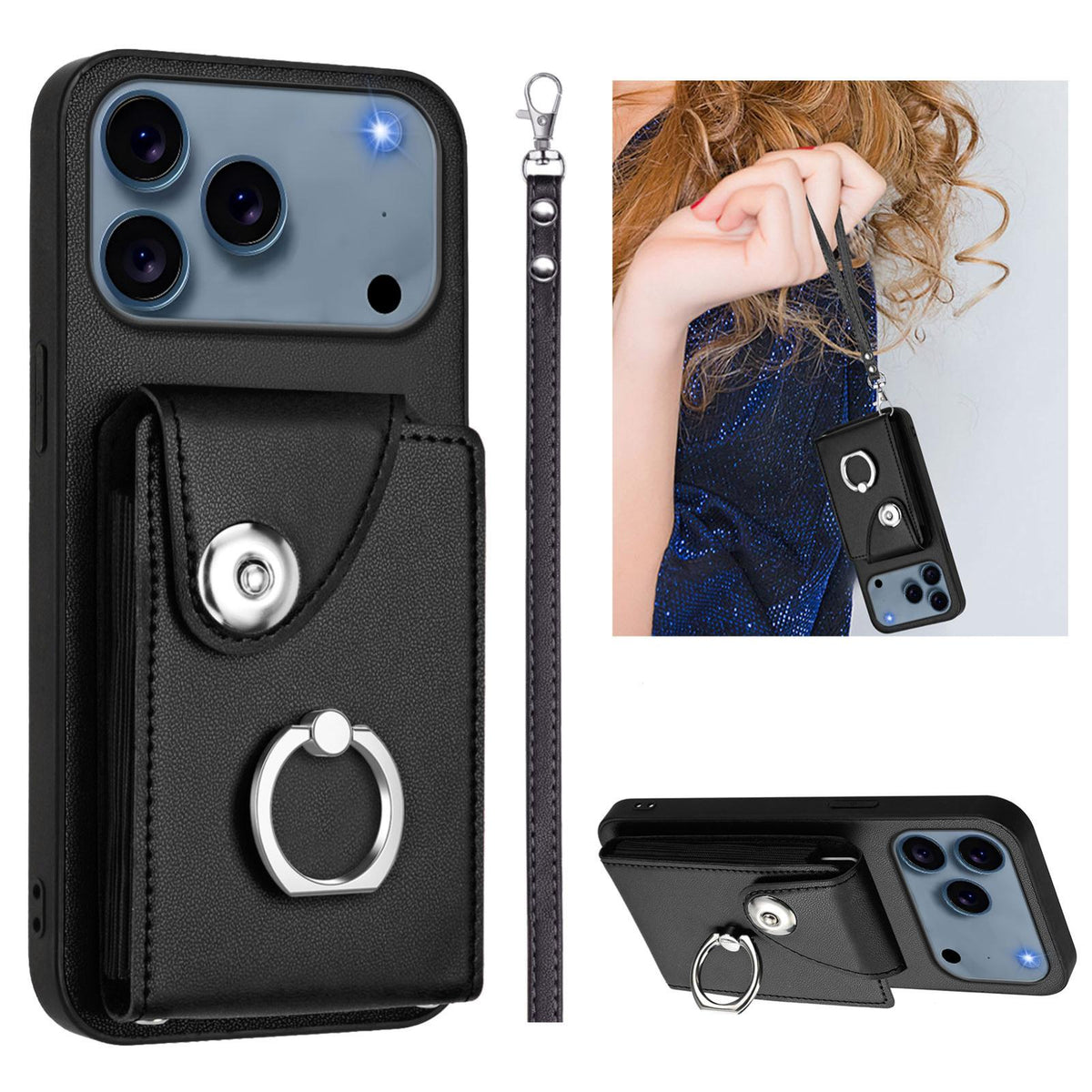 Compatible with iPhone 18 Pro Max & 17 Pro Max Organ Card Bag Ring Holder PU Phone Case with Lanyard - Black