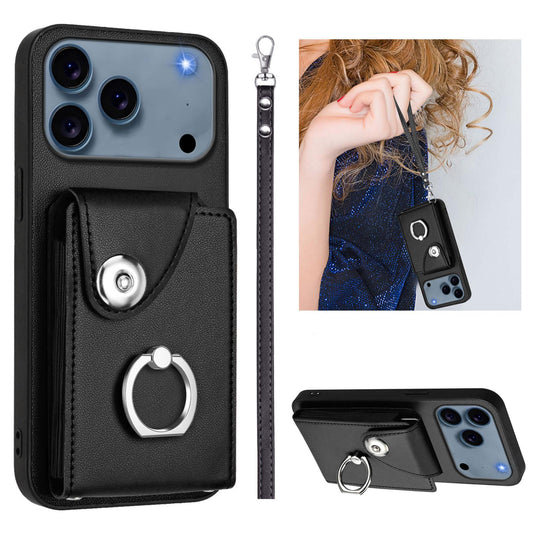 Compatible with iPhone 18 Pro Max & 17 Pro Max Organ Card Bag Ring Holder PU Phone Case with Lanyard - Black