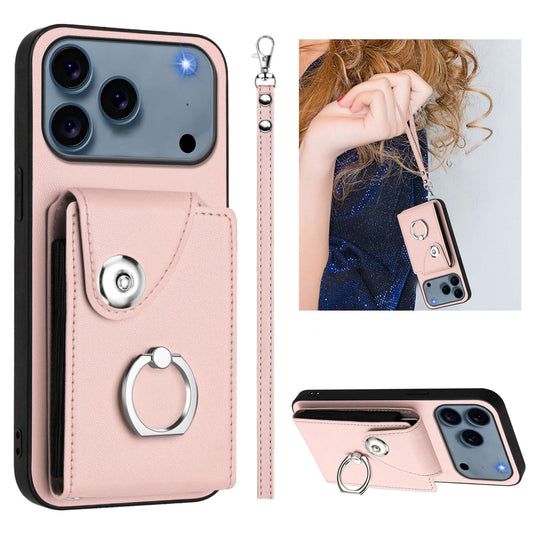 Compatible with iPhone 18 Pro Max & 17 Pro Max Organ Card Bag Ring Holder PU Phone Case with Lanyard - Pink