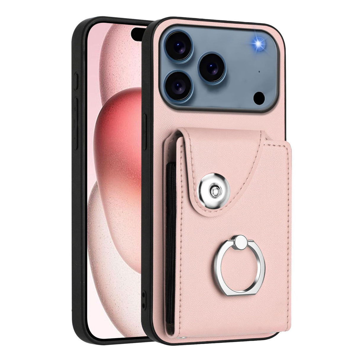 Compatible with iPhone 18 Pro Max & 17 Pro Max Organ Card Bag Ring Holder PU Phone Case with Lanyard - Pink