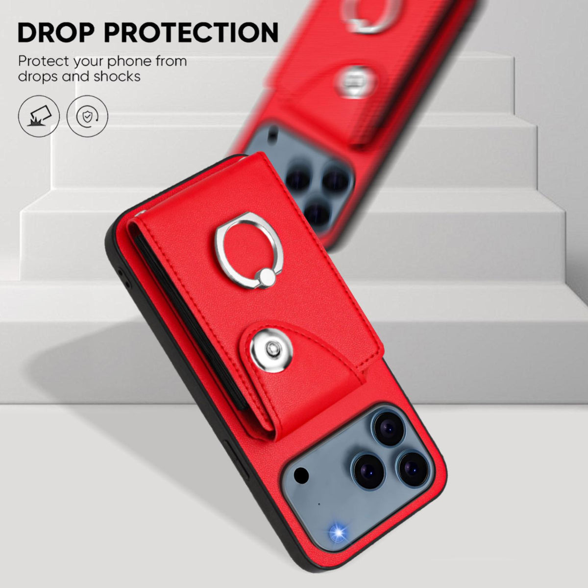 Compatible with iPhone 18 Pro Max & 17 Pro Max Organ Card Bag Ring Holder PU Phone Case with Lanyard - Red