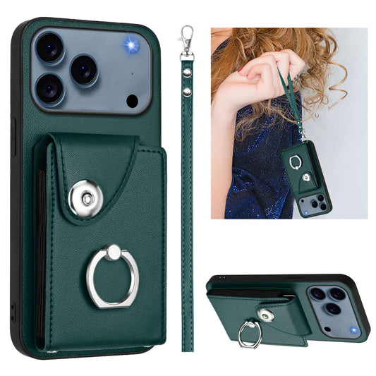 Compatible with iPhone 18 Pro Max & 17 Pro Max Organ Card Bag Ring Holder PU Phone Case with Lanyard - Green