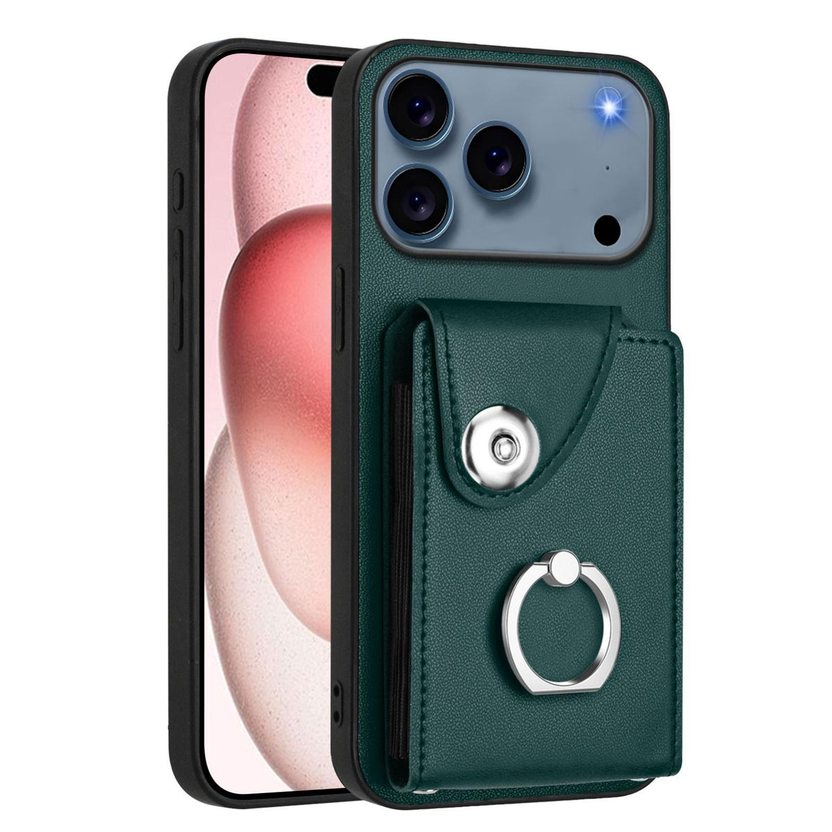 Compatible with iPhone 18 Pro & 17 Pro Organ Card Bag Ring Holder PU Phone Case with Lanyard - Green