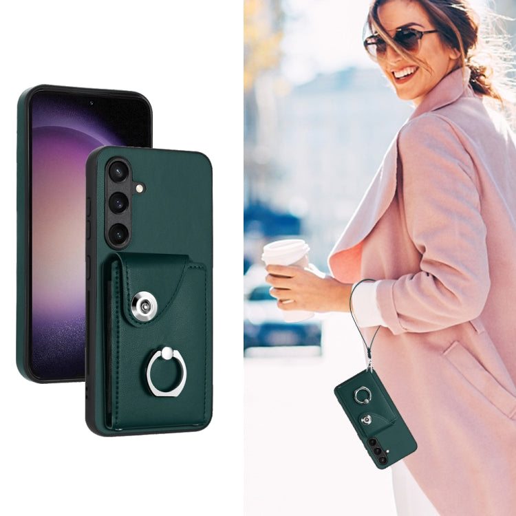 For Samsung Galaxy S24 5G Organ Card Bag Ring Holder PU Phone Case with Lanyard(Green)