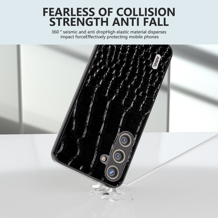 For Samsung Galaxy S24 5G ABEEL Genuine Leather Crocodile Pattern Phone Case with Holder(Black)