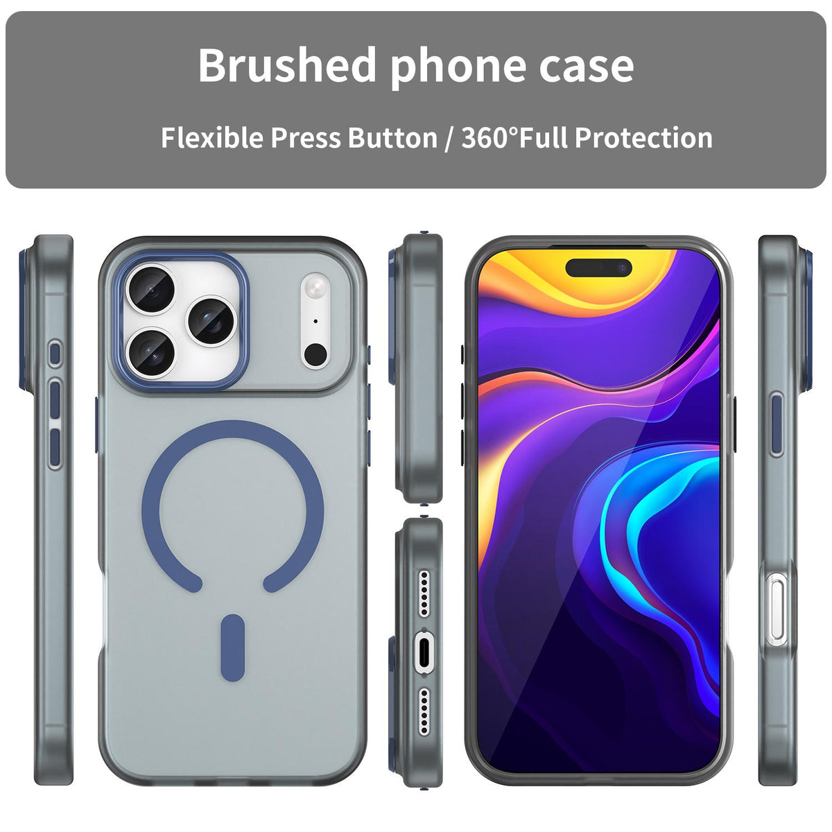 Compatible with iPhone 18 Pro Max MagSafe Frosted Translucent TPU + PC Full Coverage Phone Case - Dark Blue