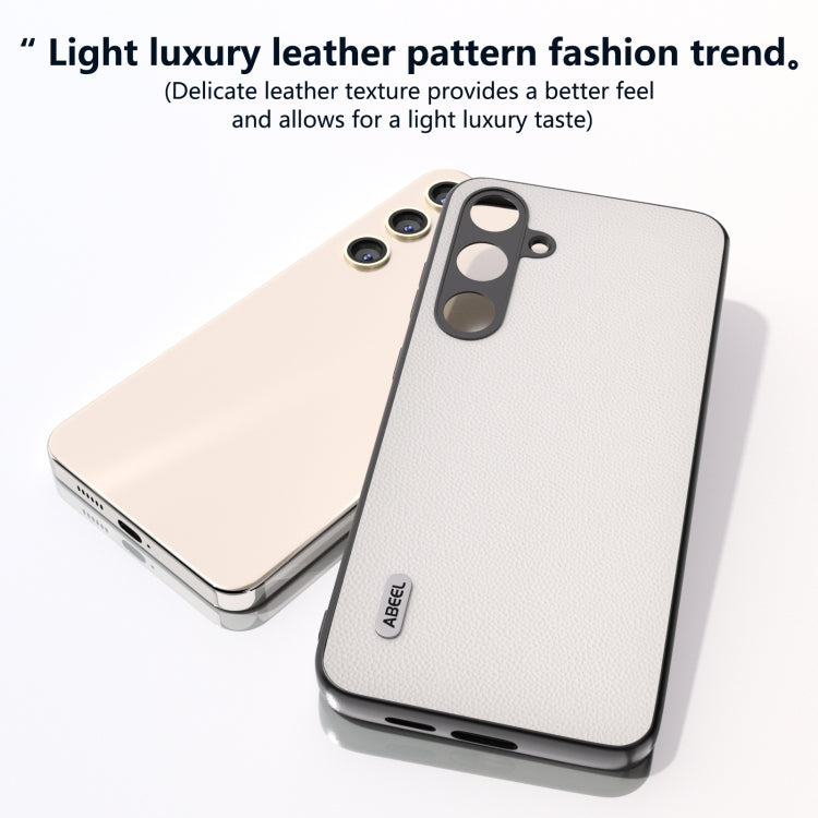 For Samsung Galaxy S24 5G ABEEL Genuine Leather Elegant Black Edge Phone Case(White)