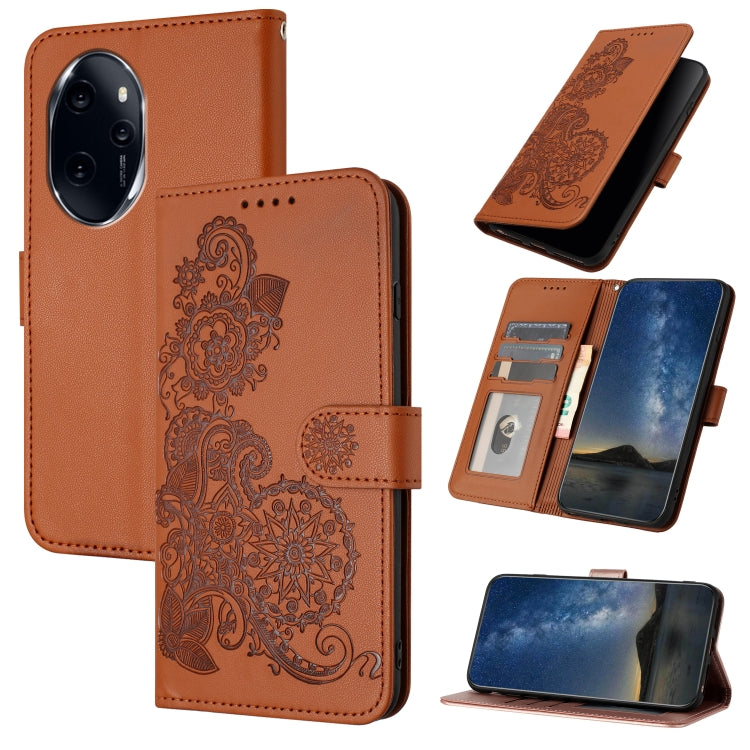 For Honor 100 Pro Datura Flower Embossed Flip Leather Phone Case(Brown)