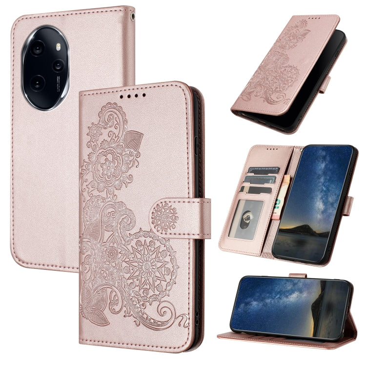 For Honor 100 Pro Datura Flower Embossed Flip Leather Phone Case(Rose Gold)