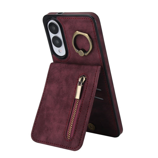For Samsung Galaxy S25 Edge 5G Retro Ring and Zipper RFID Card Slot Phone Case(Wine Red)