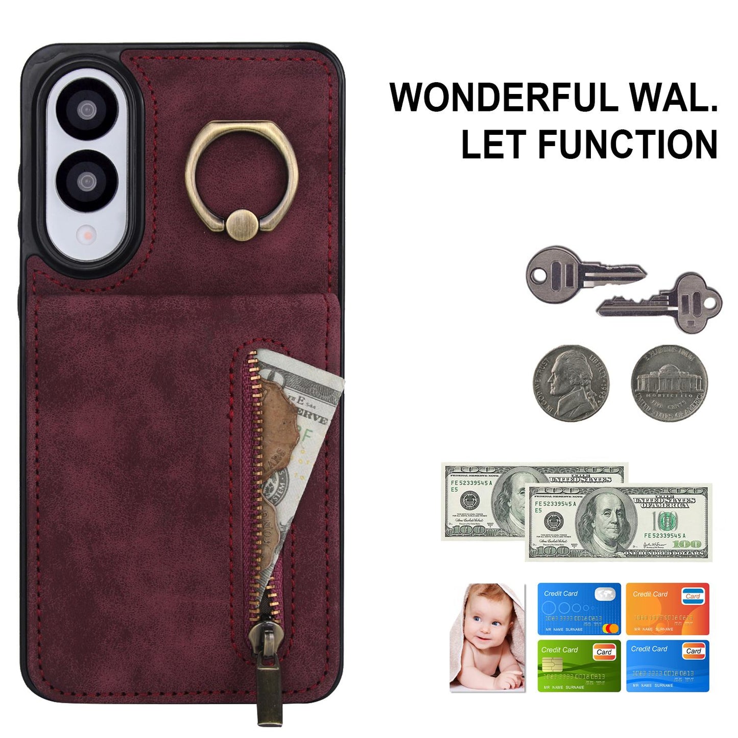 For Samsung Galaxy S25 Edge 5G Retro Ring and Zipper RFID Card Slot Phone Case(Wine Red)