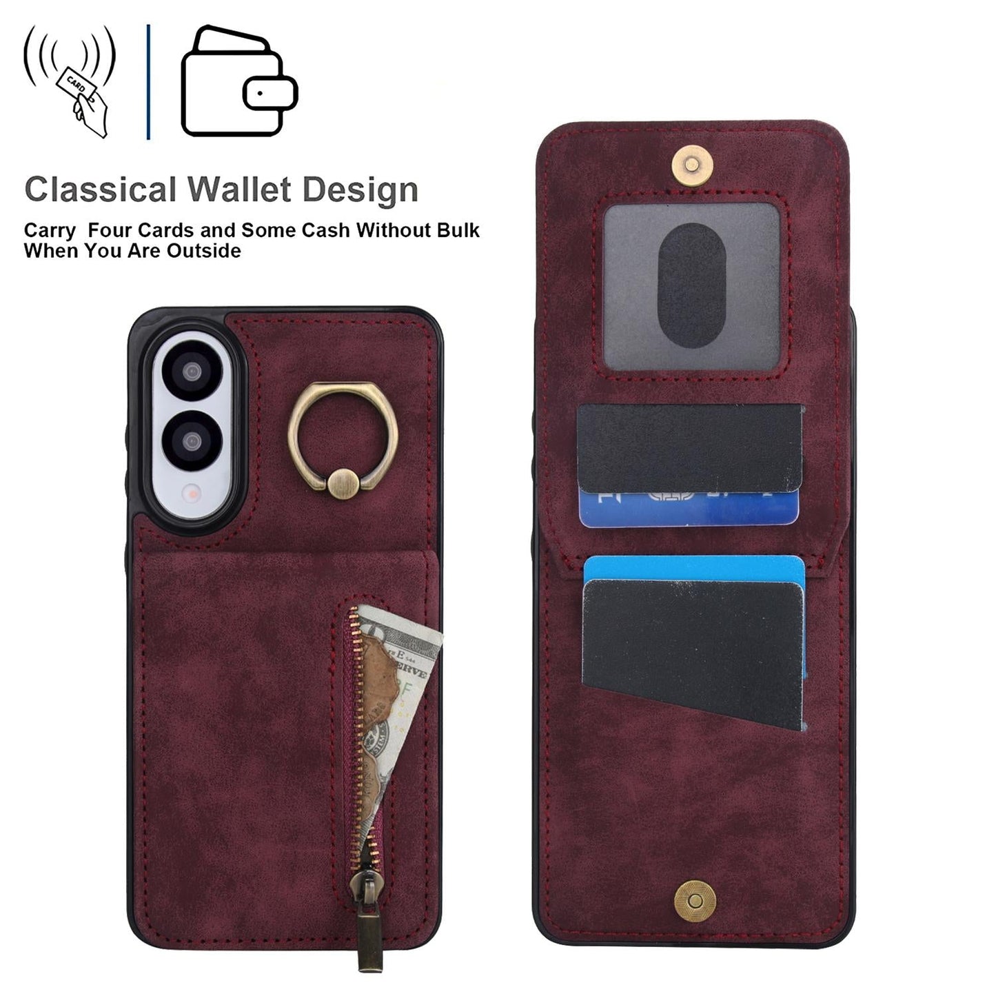 For Samsung Galaxy S25 Edge 5G Retro Ring and Zipper RFID Card Slot Phone Case(Wine Red)