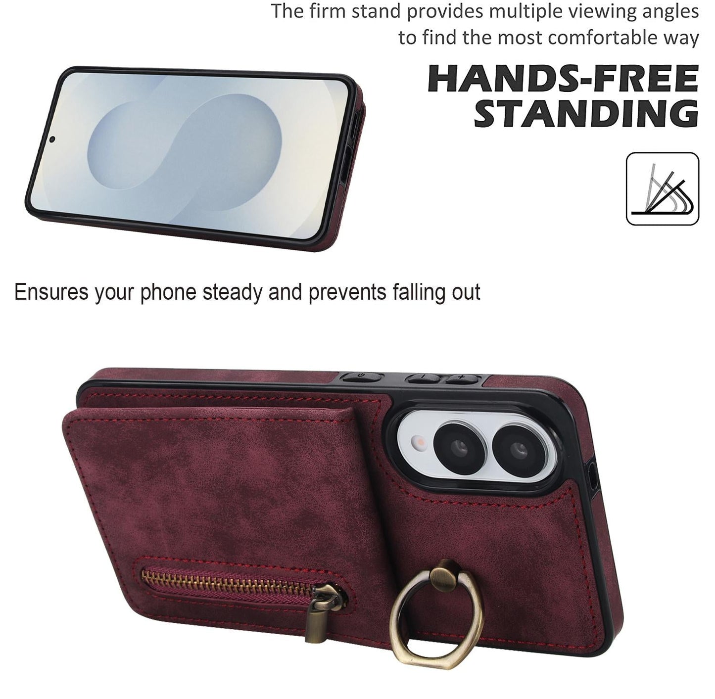 For Samsung Galaxy S25 Edge 5G Retro Ring and Zipper RFID Card Slot Phone Case(Wine Red)