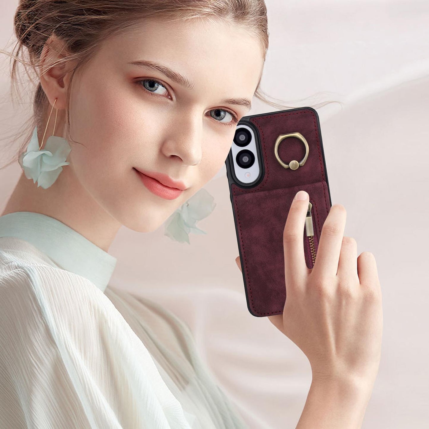 For Samsung Galaxy S25 Edge 5G Retro Ring and Zipper RFID Card Slot Phone Case(Wine Red)