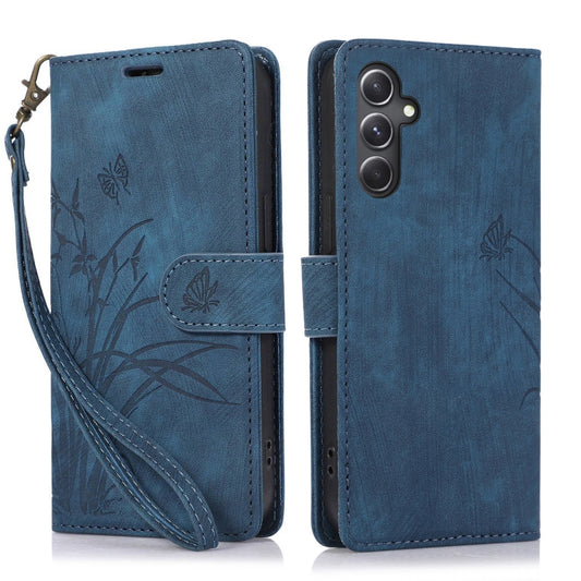 For Samsung Galaxy S24 5G Orchid Butterfly Embossed Leather Phone Case(Blue)