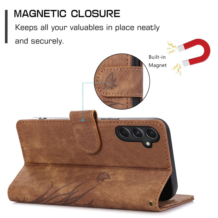 For Samsung Galaxy S24 5G Orchid Butterfly Embossed Leather Phone Case(Brown)