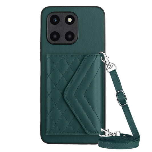 For Honor X6a Rhombic Texture Card Bag RFID Phone Case with Long Lanyard(Green)