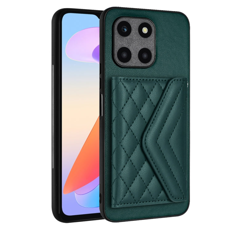 For Honor X6a Rhombic Texture Card Bag RFID Phone Case with Long Lanyard(Green)