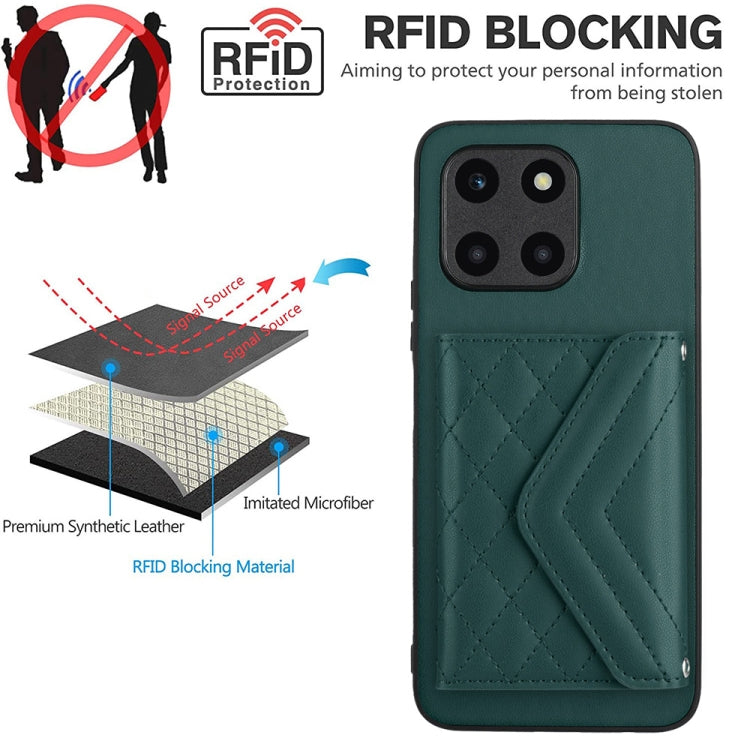 For Honor X6a Rhombic Texture Card Bag RFID Phone Case with Long Lanyard(Green)