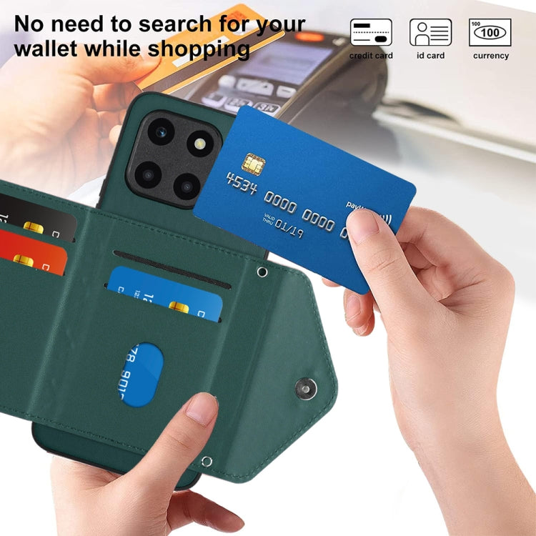 For Honor X6a Rhombic Texture Card Bag RFID Phone Case with Long Lanyard(Green)