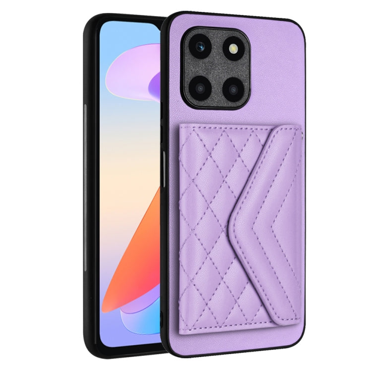 For Honor X6a Rhombic Texture Card Bag RFID Phone Case with Long Lanyard(Light Purple)