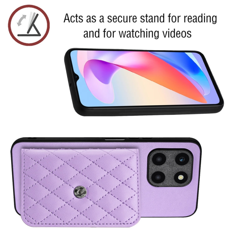 For Honor X6a Rhombic Texture Card Bag RFID Phone Case with Long Lanyard(Light Purple)