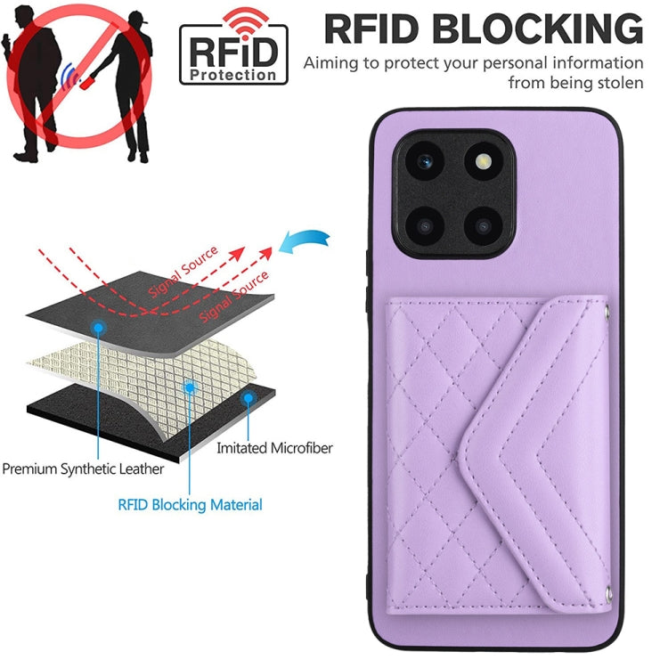 For Honor X6a Rhombic Texture Card Bag RFID Phone Case with Long Lanyard(Light Purple)