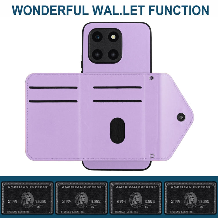 For Honor X6a Rhombic Texture Card Bag RFID Phone Case with Long Lanyard(Light Purple)