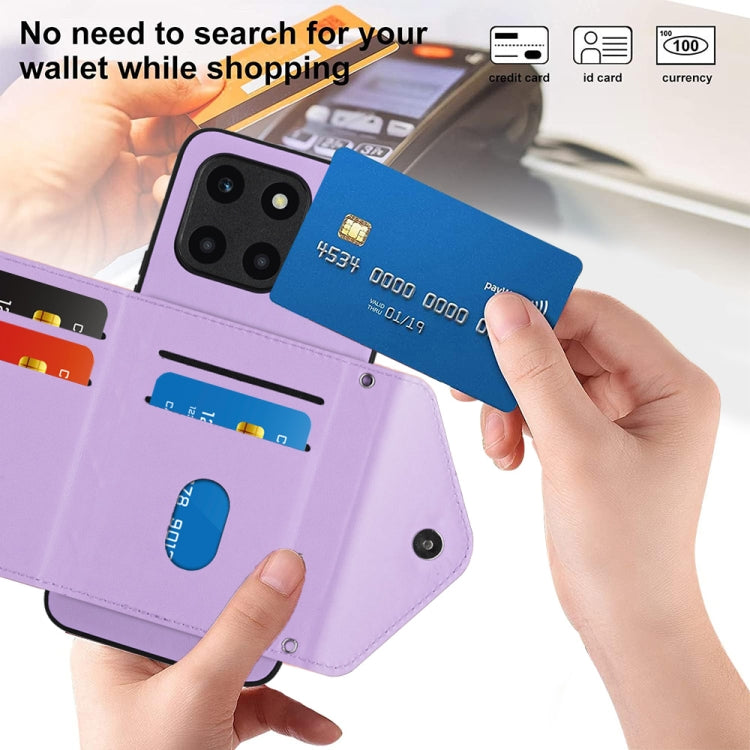 For Honor X6a Rhombic Texture Card Bag RFID Phone Case with Long Lanyard(Light Purple)