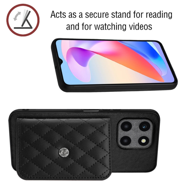 For Honor X6a Rhombic Texture Card Bag RFID Phone Case with Long Lanyard(Black)