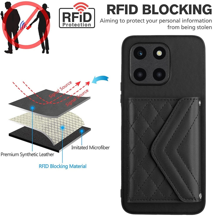 For Honor X6a Rhombic Texture Card Bag RFID Phone Case with Long Lanyard(Black)