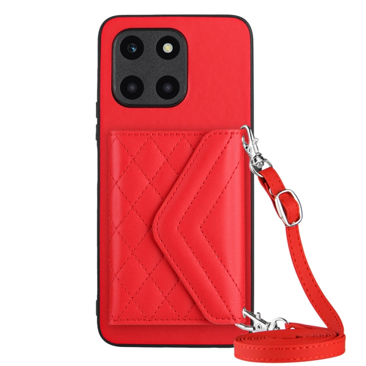 For Honor X6a Rhombic Texture Card Bag RFID Phone Case with Long Lanyard(Red)